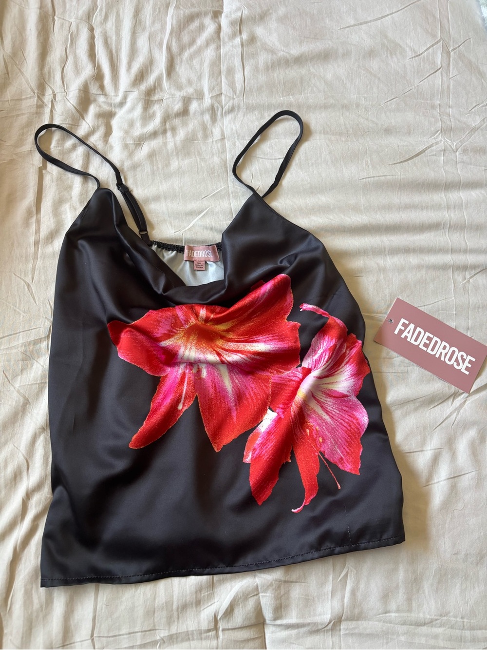 Faded Rose Black Satin Cami with Red Floral Print